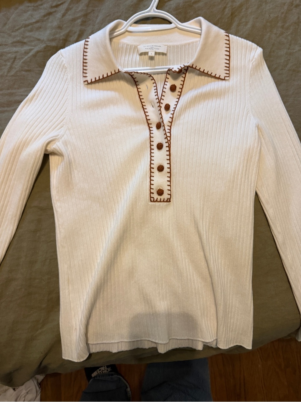 Sezane Ribbed Wool Polo. Cream and White